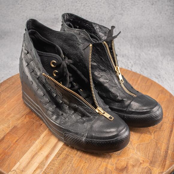 Converse All Star Lux Zip Shroud Womens Hidden Wedge Sneaker Black Leather Sz 7 - Picture 1 of 8